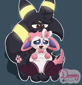 absurd_res balls begging black_body black_fur bodily_fluids clothing cum demmy duo eeveelution female feral fur generation_2_pokemon generation_6_pokemon genital_fluids genitals hi_res knot knotting male male/female nintendo open_mouth paws penis_in_pussy pokemon pokemon_(species) smug smug_face spread_legs spreading sylveon tail tight_clothing umbreon vaginal vaginal_insertion vaginal_penetration vaginal_sex white_body