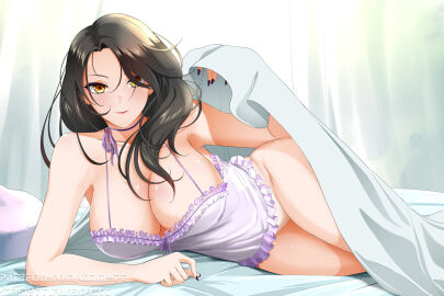 1girls alternate_version_available big_breasts black_hair black_nail_polish black_nails breasts cinder_fall cleavage eyeshadow female female_only hair hips huge_breasts inviting_under_covers kimmy77 light-skinned_female long_hair nail_polish nails nightgown on_bed on_side panties purple_eyeshadow rwby sheets solo solo_female thighs white_panties yellow_eyes