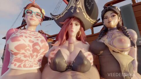 1boy 3d 3girls breasts d.va female female_focus fortnite jules_(fortnite) large_breasts league_of_legends light-skinned_female light_skin looking_at_viewer male miss_fortune opennsfwsp overwatch paizuri penis pov sound tagme veedeeshka video voice_acted
