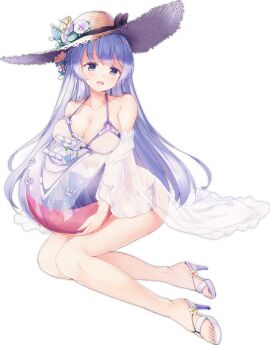 1girls :d ass azur_lane ball_(object) bare_shoulders beach beachball big_ass big_breasts bikini blush breasts cleavage collarbone female flower full_body game halterneck hat hat_flower high_heels large_breasts long_hair looking_at_viewer official_alternate_costume official_art open_mouth purple_bikini purple_eyes purple_hair rodney_(azur_lane) sandals see-through simple_background sitting smile solo straw_hat sun_hat swimsuit very_long_hair white_background white_bikini yokozuwari