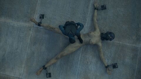 1boy 1girls 3d blindfold bondage bound bound_ankles bound_wrists female head_covered height_difference male nude nude_female original spicebound