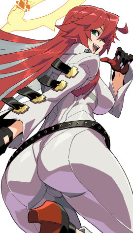 1girls ass bodysuit breasts broken_halo colored_inner_hair female from_behind from_below gloves green_eyes guilty_gear guilty_gear_strive halo highres jack-o'_valentine large_breasts long_hair multicolored_hair open_mouth red_hair simple_background smile solo spiked_halo teeth two-tone_hair upper_teeth websake white_background white_bodysuit white_hair