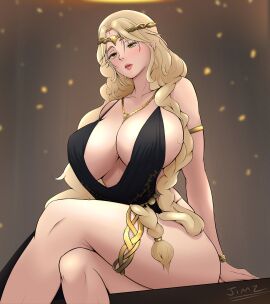 1girls ass big_ass big_breasts blonde_hair breasts cleavage crossed_legs elden_ring female female_only fromsoftware huge_breasts jimz milf queen_marika_the_eternal sideboob sitting thick_thighs