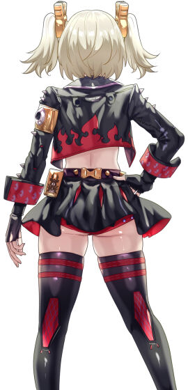 1girls ass black_jacket black_panties black_skirt black_thighhighs blonde_hair burnice_white clothed female fingerless_gloves flame_print from_behind gloves hand_on_own_hip highres jacket midriff miniskirt panties simple_background skirt solo spiked_belt spiked_jacket thighhighs two_side_up uenoryoma underwear white_background zenless_zone_zero