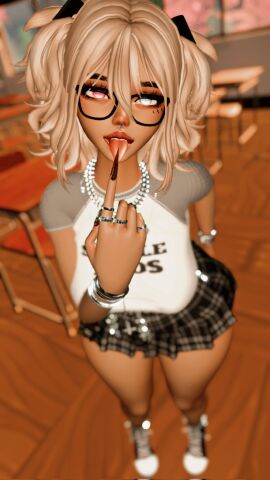 1girls black_nails blurry blurry_background boobs bracelet breasts classroom dark-skinned_female dark_skin depth_of_field desk eyeglasses eyewear female glasses gyaru hair_between_eyes jewelry kogal looking_at_viewer nail_polish plaid plaid_skirt pleated_skirt ring school_desk solo tongue tongue_out tongue_piercing vrchat vrchat_avatar wearing_glasses