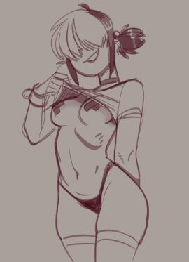 1girls bandaids_on_nipples female female_only hair_over_eyes horny_female kiki_(teelokay) navel panties pasties provocative shirt_lift sketch smile solo teelokay_(artist) thighhighs x_pasties