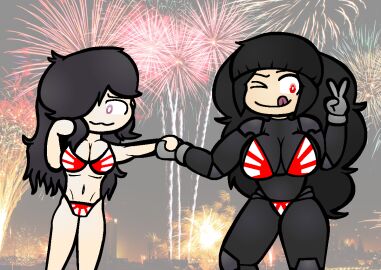 /ctt/ 2girls :d bikini black_hair bodysuit breasts console-tan female flag_bikini flag_print gijinka hair_over_one_eye hand_on_head hime_cut holding_hands hourglass_figure humanization large_breasts long_hair looking_at_viewer messy_hair nintendo nintendo_switch peace_sign photo_background playstation_vita sony_interactive_entertainment swimsuit switch-tan thick_thighs vita-tan wink