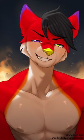 black_hair blush buff cat_ears different_eye_color eyebrows eyebrows_visible_through_hair feline fluffy_cheeks furry furry_male green_eyes kuru_tyan looking_at_viewer majira_strawberry male muscular muscular_male nipples oerba_yun_fang orange_fur pecs popufur purple_body purple_fur red_fur shirtless shirtless_male smiling solo solo_male tan_fur topless topless_male trapezius