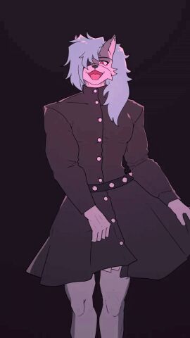 1boy 2025 alternate_version_at_source animated anthro asymmetrical_hair canine charless_(blossomingruin) crossdressing dancing ear_piercing eye_contact eye_patch facing_viewer flashing_penis floppy_cock fox_banchan furry furry-specific_piercing hair_over_one_eye hi_res lifting_skirt long_skirt long_snout loop looping_animation male no_panties nose_piercing open_mouth original penis red_eyes upskirt wolf_humanoid