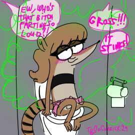 2024 bathroom bathroom_stall blush crop_top dickgirl disgust disgusted fart fart_cloud fart_everywhere fart_fetish farting farts female furry furry_only futa_only futanari intersex orgasm_face penis penis_out precum precum_drip precum_on_penis raccoon regular_show rigby_(regular_show) skirt skirt_lift smaller_female smaller_futa speech_bubble stinky stinky_fart text_bubble to0dcharick toilet toilet_stall