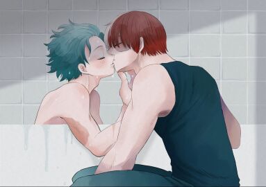 2boys anmnkmn bare_shoulders bath bathing bathroom bathtub black_shirt blush boku_no_hero_academia bones_(company) bones_(studio) closed_eye clothed_male_nude_male freckles green_hair green_pants high_school_student highres in_bathtub indoors izuku_midoriya kissing male messy_hair midoriya_izuku multicolored_hair my_hero_academia nude pants red_hair scar scar_on_arm scar_on_face shirt short_hair shounen_jump shouto_todoroki sleeveless sleeveless_shirt student teenage_male teenager tododeku todoroki_shouto two-tone_hair wavy_hair wet wet_hair white_hair yaoi
