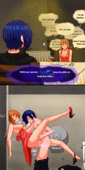1boy 1girls bklo blue_hair clothing date dialogue dress dress_lift dripping female femsub half_naked high_heels human makoto_yuki male maledom maledom/femsub minato_arisato orange_hair pale_skin persona persona_3 public public_sex pussy sex sound_effects standing standing_sex student_dom teacher teacher_and_student teacher_sub text thought_bubble toilet toilet_stall toriumi_isako vaginal vaginal_penetration