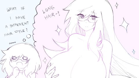 1girls big_breasts breasts dani_(shiirano) female female_only glasses imnotshiira_(artist) long_hair original shiirano short_hair sketch solo tagme text thought_bubble