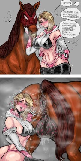 1boy 1girls 72hoka anus ass balls beast_rimming big_ass big_balls big_breasts blonde_hair breasts dialogue donut_anus equine eyebrow_piercing female feral flies_for_smell gwen_stacy horse interspecies lipstick_mark lipstick_on_balls male marvel marvel_comics puffy_anus rimming saliva saliva_string shaved_side spider-gwen spider-man:_into_the_spider-verse spider-man_(series) superheroine text thong widow_(marvel) zoophilia