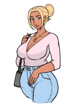 ass blonde_hair breasts cleavage female frank_draws green_eyes huge_breasts lipstick married_female mature_female milf nora_(frank_draws) tan_skin thick_ass thick_thighs