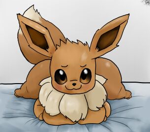 :3 ass big_breasts breasts busty cute cute_face eevee eye_glint facing_viewer female furry furry_female furry_only huge_ass huge_breasts laying_down laying_on_bed laying_on_stomach legs_apart massive_ass on_model petplay pinup pokemon pokemon_(species) shiny_eyes teztaz