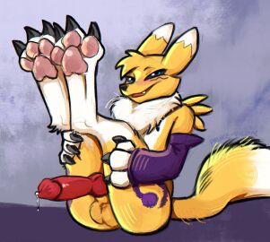 3_fingers 4_toes animal_genitalia animal_penis anthro armwear artist_name balls bandai_namco black_sclera blue_eyes bodily_fluids bridal_gauntlets canid canine canine_genitalia canine_penis claws clothing colored digimon digimon_(species) digital_media_(artwork) dipstick_ears dipstick_tail ear_markings erection fangs feet fingers fox genital_fluids genitals hi_res knot leg_markings legs_up looking_at_viewer male male_anthro mammal markings multicolored_ears open_mouth open_smile pawpads paws penis pink_pawpads precum prince-vulpine renamon shaded sitting smile socks_(marking) soles solo tail tail_markings teeth text toes