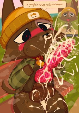 after_autofellatio animal_genitalia animal_penis anthro autocumflation autofellatio balls beanie bench big_balls big_penis black_eyes black_nose blush bodily_fluids bottomless brown_body brown_ears brown_fur brown_tail canid canine canine_genitalia canine_penis canis clothed clothing collar cum cum_in_mouth cum_inflated_belly cum_inflation cum_inside cum_on_leg cum_on_penis cumflation domestic_dog english_text excessive_genital_fluids facial_piercing fur genital_fluids genitals goatboydraws hat headgear headwear heart_eyes heart_symbol hi_res huge_cock knot knotted_penis long_tail male mammal masturbation narrowed_eyes nose_piercing open_clothing oral oral_masturbation orange_beanie orange_clothing orange_hat orange_headwear partially_clothed penile penile_masturbation penis penis_against_belly piercing pink_penis puffed_cheeks reference_image self_cum_inflation sitting solo speech_bubble sweat sweatdrop sweaty_body tail text vein veiny_penis webfishing