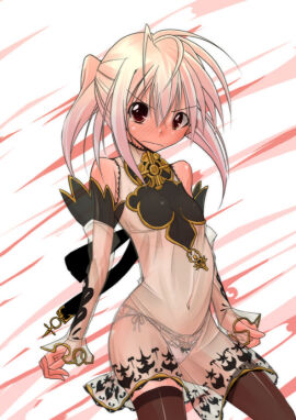 blush breasts female navel panties pink_hair see-through solo thighhighs twintails underwear