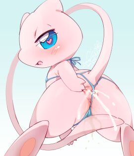 2024 absurd_res anthro anus ass bikini biped blue_bikini blue_clothing blue_eyes blue_swimwear blush blush_lines bodily_fluids clothed clothing cotora cum cum_expulsion cum_from_ass cum_in_ass cum_inside dated female flat_chested generation_1_pokemon genital_fluids heart_eyes heart_symbol hi_res legendary_pokemon looking_at_viewer looking_back looking_back_at_viewer mew mew_(pokemon) micro_bikini nintendo nipple_outline open_mouth pawpads pink_body pokemon pokemon_(species) pussy pussy_peek rear_view signature solo spread_anus spreading string_bikini swimwear tail two-piece_swimsuit vaginal_fluids