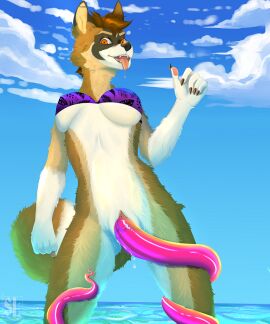 anthro beach bikini bodily_fluids breasts brown_body brown_fur canid canine canis clothing cloud crimsonyeen domestic_dog drip_effect dripping dripping_pussy ear_piercing female fur industrial_piercing mammal penetration piercing pussy saliva saliva_drip saliva_on_tongue saliva_string sea seaside sex shima_laqi sky skyscape solo summer swimwear teeth teeth_showing tentacle tentacle_in_pussy tentacle_penetration tentacle_sex tongue tongue_out two-piece_swimsuit vaginal_penetration water