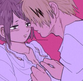 1boy 1girls anticipation artist_name black_eyes black_highlights blonde-haired_male blonde_hair blush boku_no_hero_academia breasts cleavage collared_shirt color dark_purple_hair denki_kaminari dress_shirt fanon_couple female fully_clothed hadakaninareyo half-closed_eyes imminent_sex jirou_kyouka kaminari_denki kyoka_jiro looking_down male my_hero_academia nervous pink_background purple-haired_female purple_hair romantic romantic_couple school_uniform slight_blush small_breasts straight sweatdrop unbuttoned unbuttoned_shirt unbuttoning undershirt undressing undressing_another watermark white_shirt wholesome