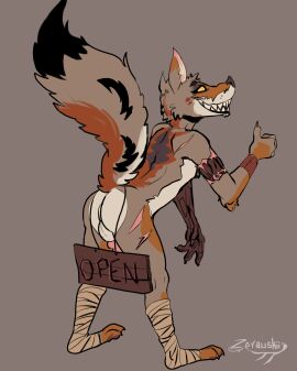 absurd_res anthro anus ass balls canid canine canis coyote gesture hand_gesture hi_res letter male mammal nude pinup pose possing presenting presenting_anus presenting_balls presenting_hindquarters prosthetic prosthetic_arm prosthetic_limb raised_tail scar signal solo tail thumbs_up zerauskii zerauskii_(character)