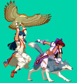 2girls ainu_clothes aoi_ship armpits arms_up big_breasts blue_eyes blue_hair breasts brown_eyes brown_hair busty cleavage dual_persona female female_only fighting_stance fingerless_gloves gloves hair_ribbon highres large_breasts legs long_hair mamahaha multiple_females multiple_girls murasaki_nakoruru nakoruru navel no_bra open_clothes pants pixel_art ribbon samurai_shodown shikuru snk tan thighs toned torn_clothes voluptuous weapon