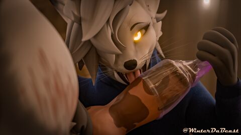 3d animal_print anthro arctic_fox blender_(artwork) blender_eevee blizzyfoxo bodily_fluids bovid bovine canid canine cattle clothing condom condom_play cow_print cum digital_media_(artwork) duo erection female filled_condom fox fur genital_fluids genitals glowing glowing_eyes hi_res licking male mammal oral penile penis penis_lick sex sexual_barrier_device teeth tongue tongue_out true_fox wearing_condom white_body white_fur winter_harkness winterdabeast