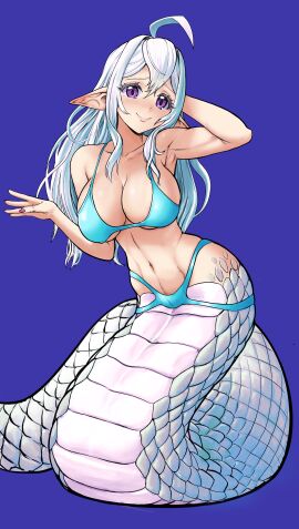 1girls absurd_res ahoge bikini blue_bikini breasts cameltoe cleavage clothed cotton_(snake_in_the_office) highres huge_ahoge lamia large_breasts long_hair looking_at_viewer multi-strapped_bikini_bottom nail_polish navel pencils_(artist) pink_nails pointy_ears purple_background purple_eyes scales smile snake_girl snake_in_the_office snake_tail solo underboob webcomic white_hair