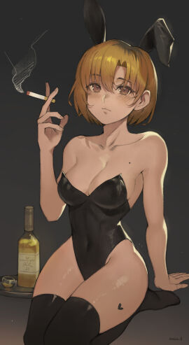 1girls alcohol bare_arms bare_shoulders black_legwear blonde_hair blush brown_eyes bunny_ears bunny_girl cigarette cleavage female heart_tattoo looking_at_viewer mole sitting_on_table smoking solo tattoo thighhighs