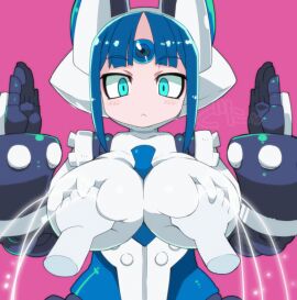 1girls animated blue_eyes blue_hair breast_grab breast_squeeze breasts disembodied_hands disgaea disgaea_6 favorite female female_focus hand_on_breast huge_breasts lactating lactation mecha_girl_(disgaea_6) milk milking nippon_ichi_software robot robot_girl zankuro