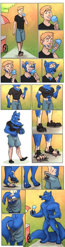 absurd_res anthro ass black_clothing black_footwear black_shirt black_shoes black_topwear blonde_hair blue_body blue_butt blue_eyes blue_fur blue_tail bottomwear bubbeh canid canine canis clothing footwear fur fur_chest fur_growth grass grey_bottomwear grey_clothing grey_pants growth hair hi_res human human_to_anthro ice_cream_stand licking licking_food licking_ice_cream male mammal pants park plant shirt solo species_transformation tail tail_growth tail_in_pants tongue topwear torn_clothing transformation transformation_through_food transformation_through_milk wolf