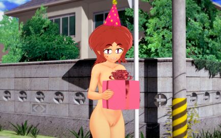 1girls 3d birthday birthday_gift birthday_hat breasts completely_nude covering_breasts female female_only koikatsu long_hair naked nude nude_female present_box pussy retropunch skinny solo tagme the_z_gang zally_(zarnacius) zarnacius