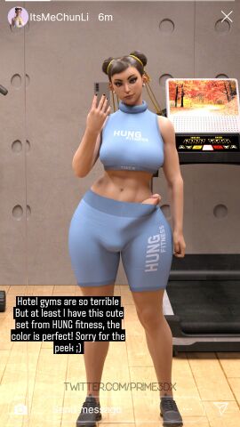 1futa 3d abs asian big_breasts big_penis breasts brown_hair bulge capcom caption chun-li crop_top dickgirl double_bun english_text erection fake_screenshot futa_only futanari gym instagram intersex large_penis looking_at_viewer midriff mirror penis penis_peek prime3dx selfie shorts smartphone social_media solo solo_futa standing street_fighter street_fighter_6 thick_thighs wide_hips
