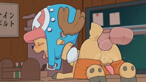 anal anal_sex animated balls boner deer erection gay male male_only non-human one_piece pants_down shortstack_femboy tail talentlesshack tongue tongue_out tony_tony_chopper yaoi young