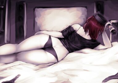 arm_support ass ass_cleavage ass_crack bed_sheet black_headwear black_panties black_shirt bottle butt_crack facing_away female from_behind hat hecatia_lapislazuli holding holding_bottle indoors lying mature_female no_pants on_bed on_side pale_skin panties red_hair shirt short_hair single_bare_shoulder solo speaker television thighs touhou underwear yuugatou_(yuuzutu)
