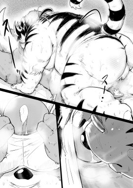 69_position absurd_res anthro ass backsack balls ballsack bodily_fluids canid canine canis domestic_dog duo erection eyewear felid fur genital_fluids genitals glasses hi_res licho_(tas) lifewonders male male/male mammal moritaka_(tas) nude oral pantherine penis precum sex striped_body striped_fur stripes sweat tiger tokyo_afterschool_summoners yunukopi