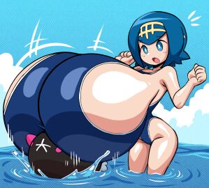 aged_up alternate_breast_size angstrom blue_eyes blue_hair breasts color colored colour digital_media_(artwork) female fully_clothed gigantic_breasts hyper hyper_breasts lana_(pokemon) massive_breasts ocean pokemon pokephilia pyukumuku sea surprised swimming swimsuit top_heavy