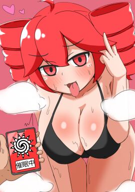 1girls 1other ahoge ambiguous_gender bikini black_bikini breasts cleavage female hand_in_hair hand_on_thigh heart holding_phone huge_breasts hypnosis kasane_teto mesmerizer_(vocaloid) mesmerizer_teto open_mouth phone pov pov_hands red_background red_eyes red_hair simple_background smartphone steam sweat taka_(user_mjjn4242) thick_thighs thighs tongue tongue_out utau