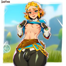1boy abs ai_generated androgynous balls blonde_hair breath_of_the_wild demigoddess erection exposed_chest femboy girly green_eyes hylian inkfunn looking_down male nintendo nipples penis penis_outline pointy_ears princess princess_zelda royalty rule_63 solo testicles the_legend_of_zelda trap zelda_(breath_of_the_wild)
