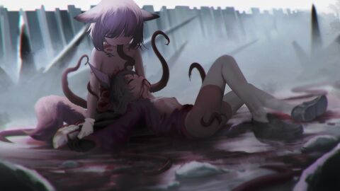 2girls animal_ears arknights coughing_blood female fox_ears fox_girl fox_tail parasite popukar_(arknights) preamy_kyuushi_(artist) sussurro_(arknights) tentacle topless