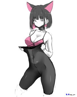 1girls absurd_res absurd_resolution belly_button belly_button_visible_through_clothing bra breasts cat_ears choker ear_piercing emotionless expressionless female female_only high_res high_resolution looking_at_viewer monochrome nisp_art original partially_colored piercing skinny skinny_female tights