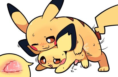 anal anal_sex ass blush bodily_fluids dripping duo feral from_behind_position fur gay generation_1_pokemon generation_2_pokemon genital_fluids internal male male/male male_feral male_on_feral male_penetrated male_penetrating male_penetrating_feral male_penetrating_male nintendo one_eye_closed penetration penile penile_penetration penis penis_in_ass pichu pikachu plumflavor pokemon pokemon_(species) precum precum_drip sex simple_background size_difference smaller_penetrated sweat white_background yellow_body yellow_fur