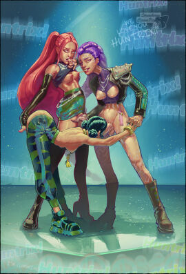 1futa 2girls bent_over body_markings boots bottomless breasts breasts_cutout female fingering futa_on_female futadom futanari holding_hands human huntrix intersex kpop_demon_hunters long_hair medium_breasts mira_(kpop_demon_hunters) mouth_hold nipple_piercing pale_skin pants pink_hair polytrix purple_hair red_hair rumi_(kpop_demon_hunters) shoes single_braid standing strawberrycreampie thin_female threesome very_long_hair zoey_(kpop_demon_hunters)