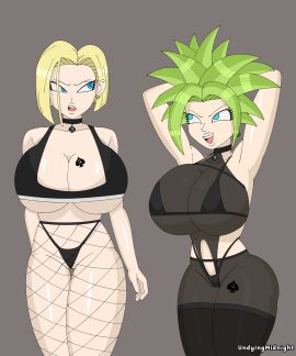 2girls alien alien_girl alien_humanoid android android_18 android_girl arms_behind_back arms_behind_head arms_up arms_up_pose bangs belly_button big_boobs big_breasts black_bikini black_bikini_top black_choker black_eyeshadow black_lipstick black_panties black_thigh_highs black_thighhighs black_thong black_thong_panties blacked blacked_clothing blonde blonde-haired_female blonde_female blonde_hair blue-eyed_female blue_eyes boob_tattoo boobs breast_tattoo breasts breasts_pressed_against_another breasts_pressed_together choker clothed clothed_female cyborg cyborg_girl dragon_ball dragon_ball_super dragon_ball_z earring earrings eyelashes female female_saiyan fishnet_legwear fishnet_pantyhose fishnet_stockings fishnets fusion fusion_character gold_earring gold_earrings green-haired_female green_hair grey_background hip_tattoo huge_boobs huge_breasts kefla legendary_super_saiyan light-skinned_female light_skin long_hair medium-haired_female medium_hair midnightundying_(artist) open_smile pale-skinned_female pale_skin pantyhose potara potara_earrings potara_fusion qos qos_clothing qos_tattoo queen_of_spades queen_of_spades_symbol queen_of_spades_tattoo saiyan saiyan_female see-through_pantyhose see-through_thighhighs short_hair smile smile_at_viewer smiling smiling_at_viewer spade spade_choker spade_tattoo spiked_hair spiky_hair straight_hair super_saiyan super_saiyan_2 tattoos teal_eyes thigh_highs thighhighs thighs waist_tattoo