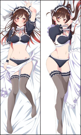 arm_up ass_visible_through_thighs bare_belly bed_sheet belly_button big_breasts black_thighhighs blush body_blush breasts brown_eyes brown_hair cleavage dakimakura dakimakura_design earrings embarrassed feet female kanojo_okarishimasu long_hair lying maid_apron maid_headdress mizuhara_chizuru mouth_closed official_art panties thighhighs thighs