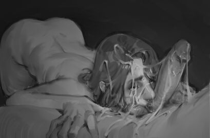 1boy 1girls after_fellatio after_sex all_fours arched_back ass ass_up balls bent_over big_ass black_and_white breasts covered_in_cum cum cum_on_body cum_on_breasts cum_on_face cum_on_penis cum_string erect_penis fellatio female female_focus greyscale male monochrome oral original_character penis riskyeros slim_waist solo_focus spread_legs sucking sucking_balls sucking_testicles testicles wide_hips