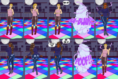 banedearg bimbo bimbofication black_skin breast_expansion breast_growth breast_growth_(enlargement) breasts dark-skinned_female dark_skin ebonization female hair_color_change hair_growth high_heel_boots high_heels identity_death lip_expansion pole pole_dancing race_swap transformation transformation_sequence willing_bimbofication willing_transformation