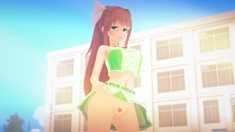 3d cheerleader doki_doki_literature_club ecxreaper female flashing_pussy human human_only light-skinned_female light_skin looking_at_viewer monika_(doki_doki_literature_club) pussy showing_off showing_pussy skirt skirt_lift skirt_up